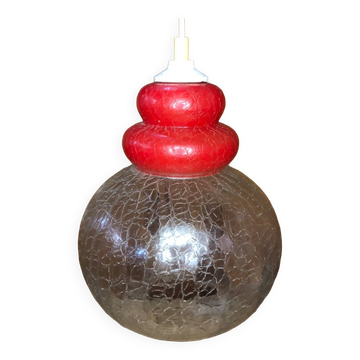 Ancienne suspension verre craquelé transparent & rouge années 70 vintage #a548