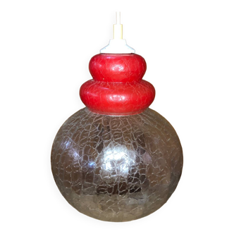 Old transparent & red cracked glass pendant lamp 1970s vintage #a548