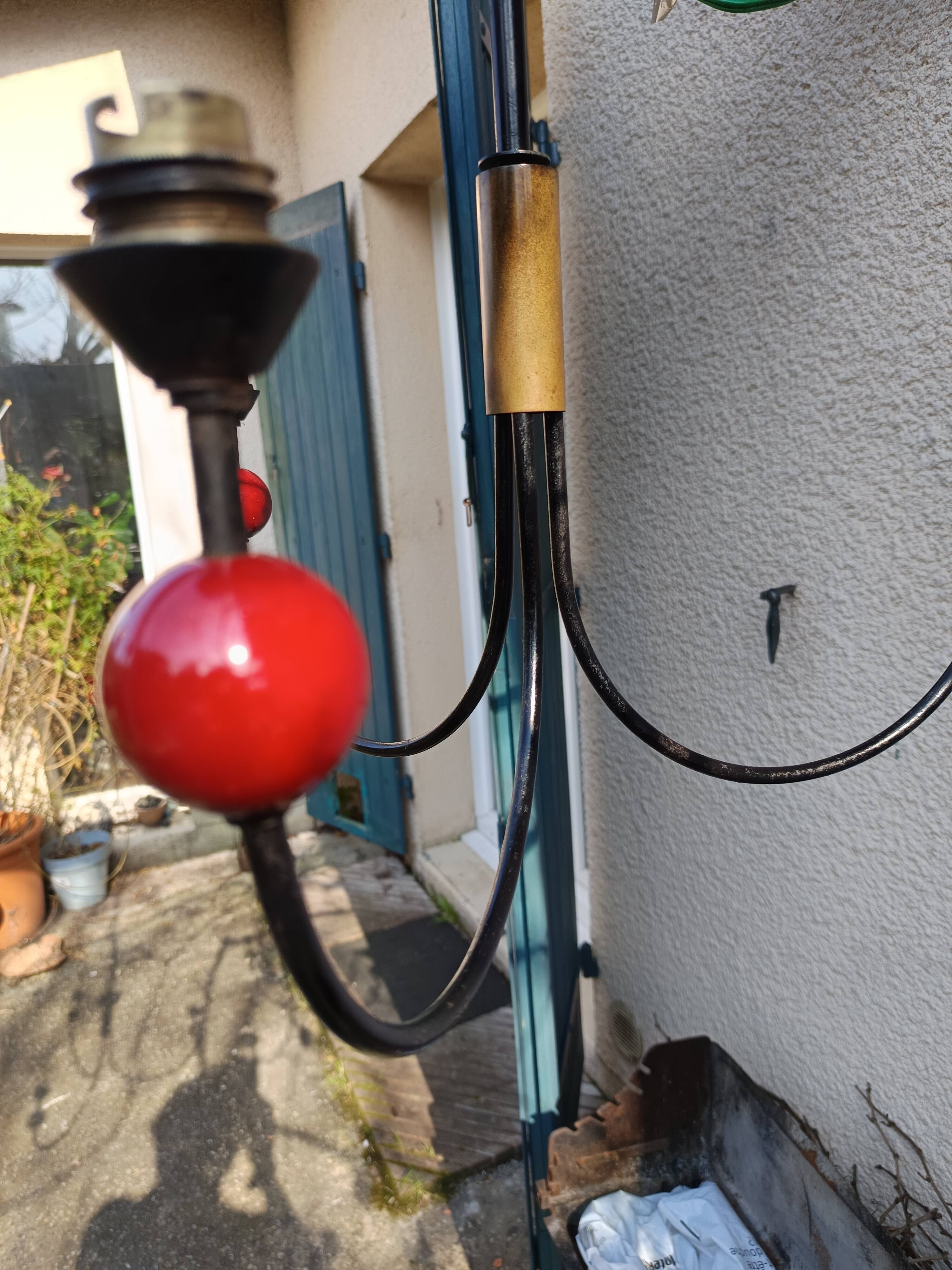 pair of vintage black metal chandeliers with red balls 1950/1970