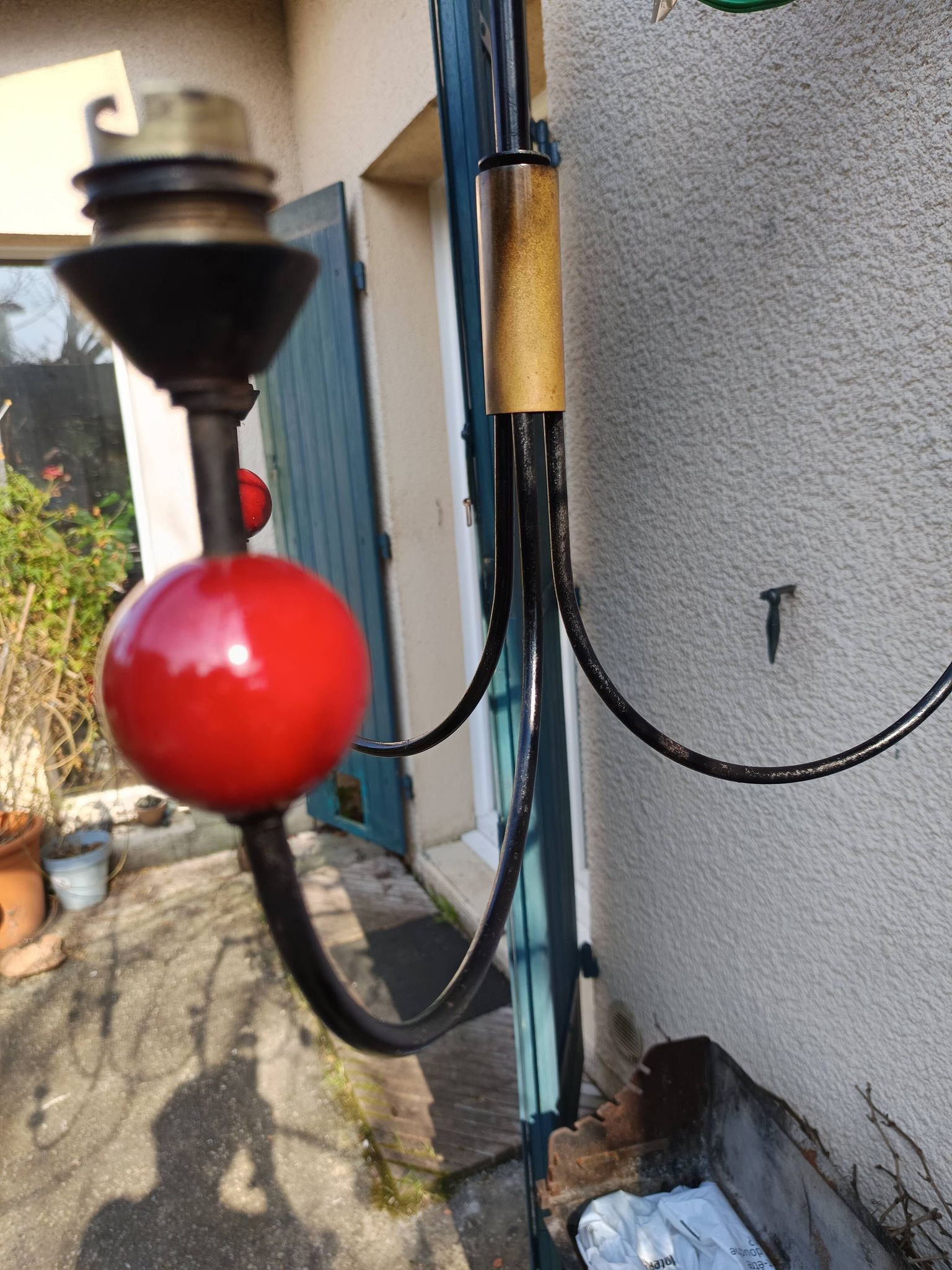 pair of vintage black metal chandeliers with red balls 1950/1970