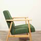 Fauteuil vintage Boucle verte bois naturel après rénovation
