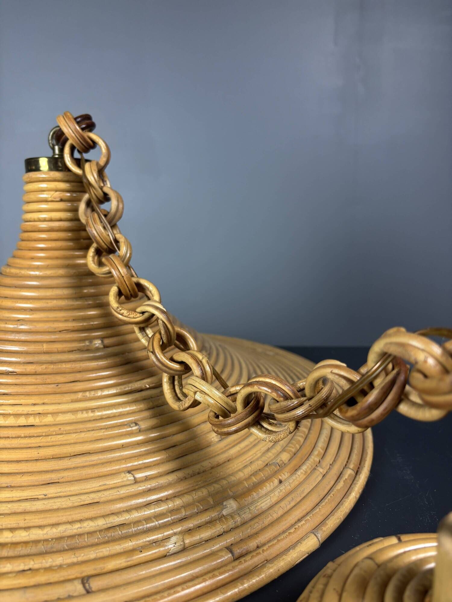 Mid-Century Italian witch hat pencil reed rattan bamboo and brass pendant