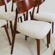 Set of 6 dining chairs, teak color wood, bouclè upholstery