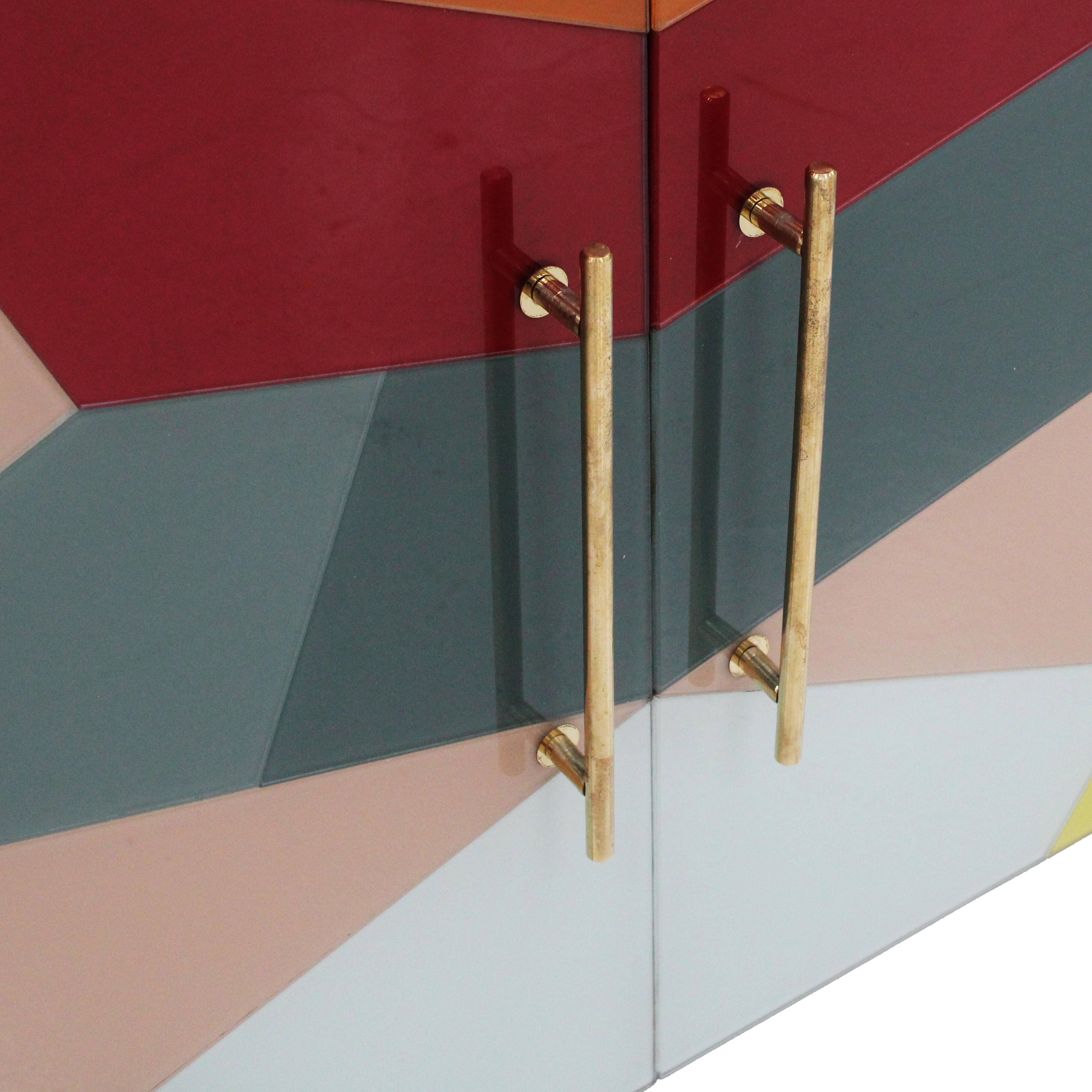 Mid-Century Italian Sideboard, Colorful Glass and Brass, Geometric Design.