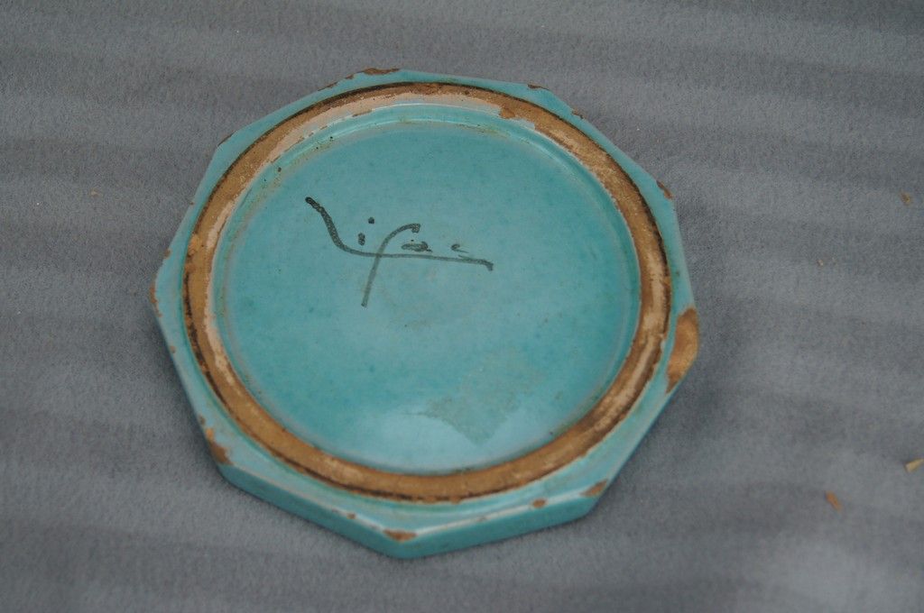 Octagonal blue-green ceramic pot and pouch Lifas / Alice Sordet-Bonifas (1902-1975)