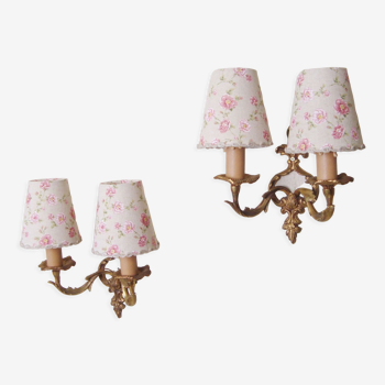 Pair of rocaille style sconces with four handmade pink fabric lampshades