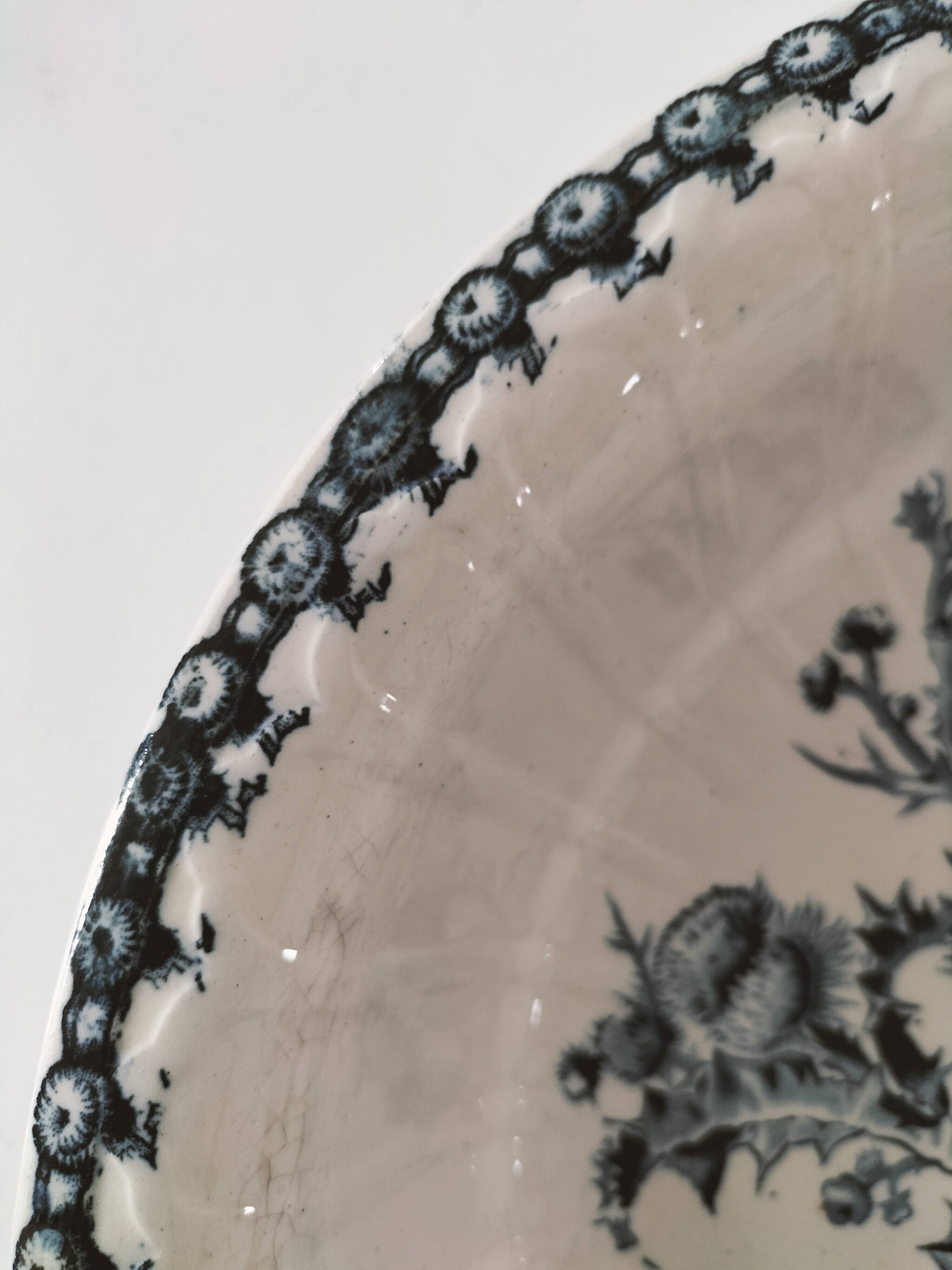 Large antique Gien hollow dish, Chardons blue model – fine 19th century earthenware