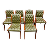 Suite de 6 chaises anglaises Cherterfield en cuir vert