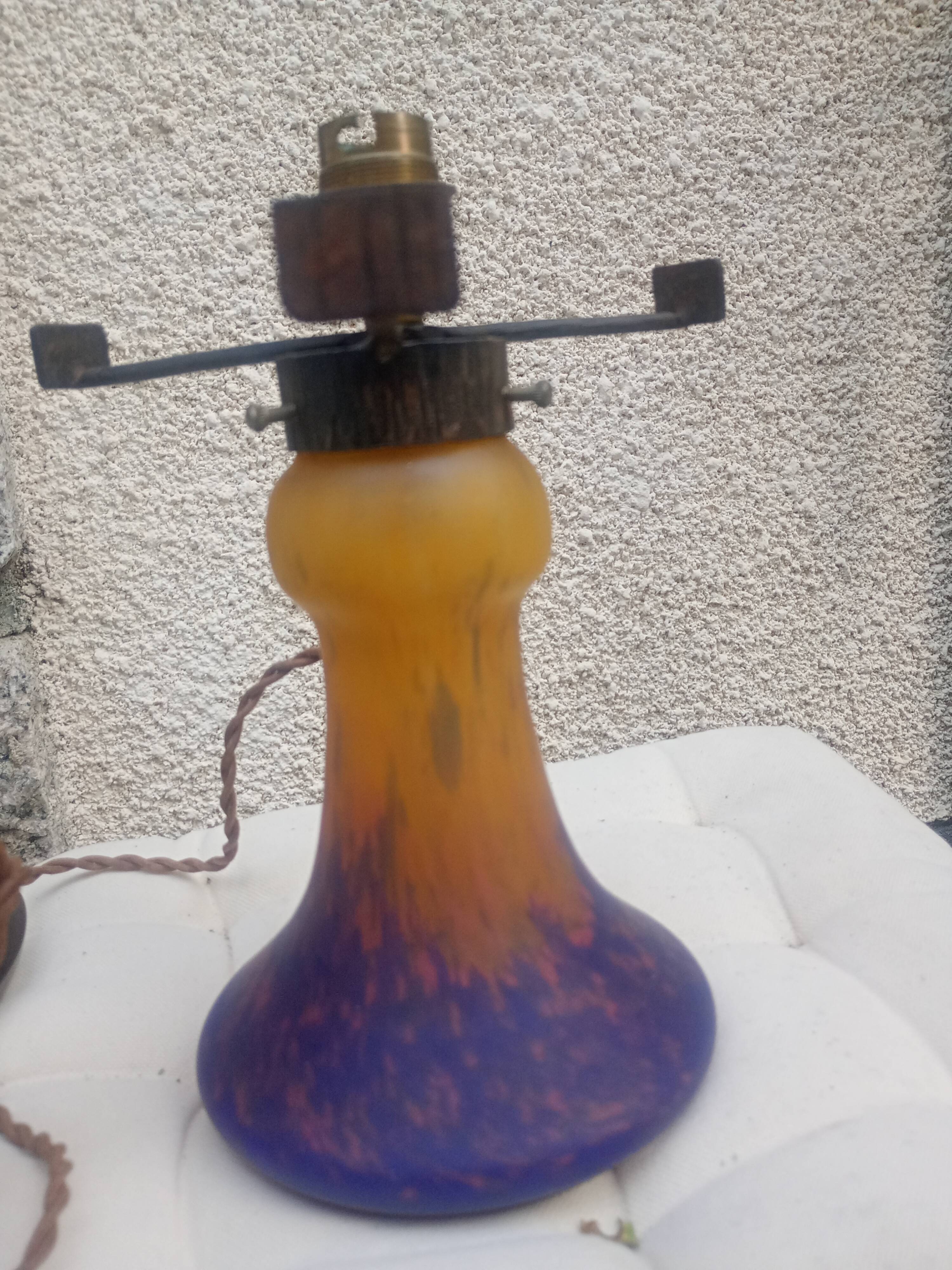 Müller Frères - Pied de Lampe verre marmoréen orange bleu & fer forgé