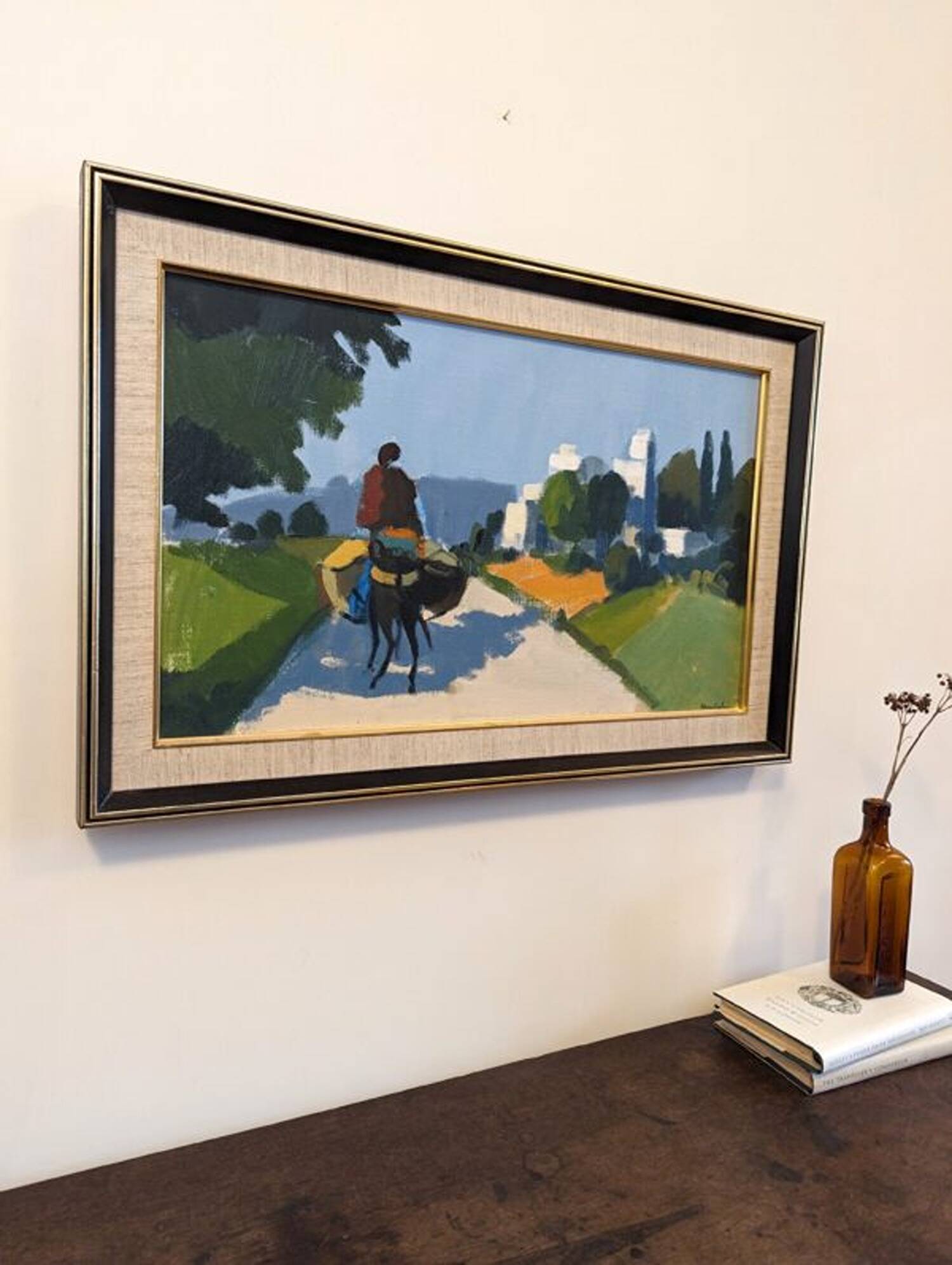 Mid-Century Modern "Rider on the Road" Swedish Vintage Street Scene Oil Painting, Framed