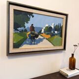Mid-Century Modern "Rider on the Road" Swedish Vintage Street Scene Oil Painting, Framed