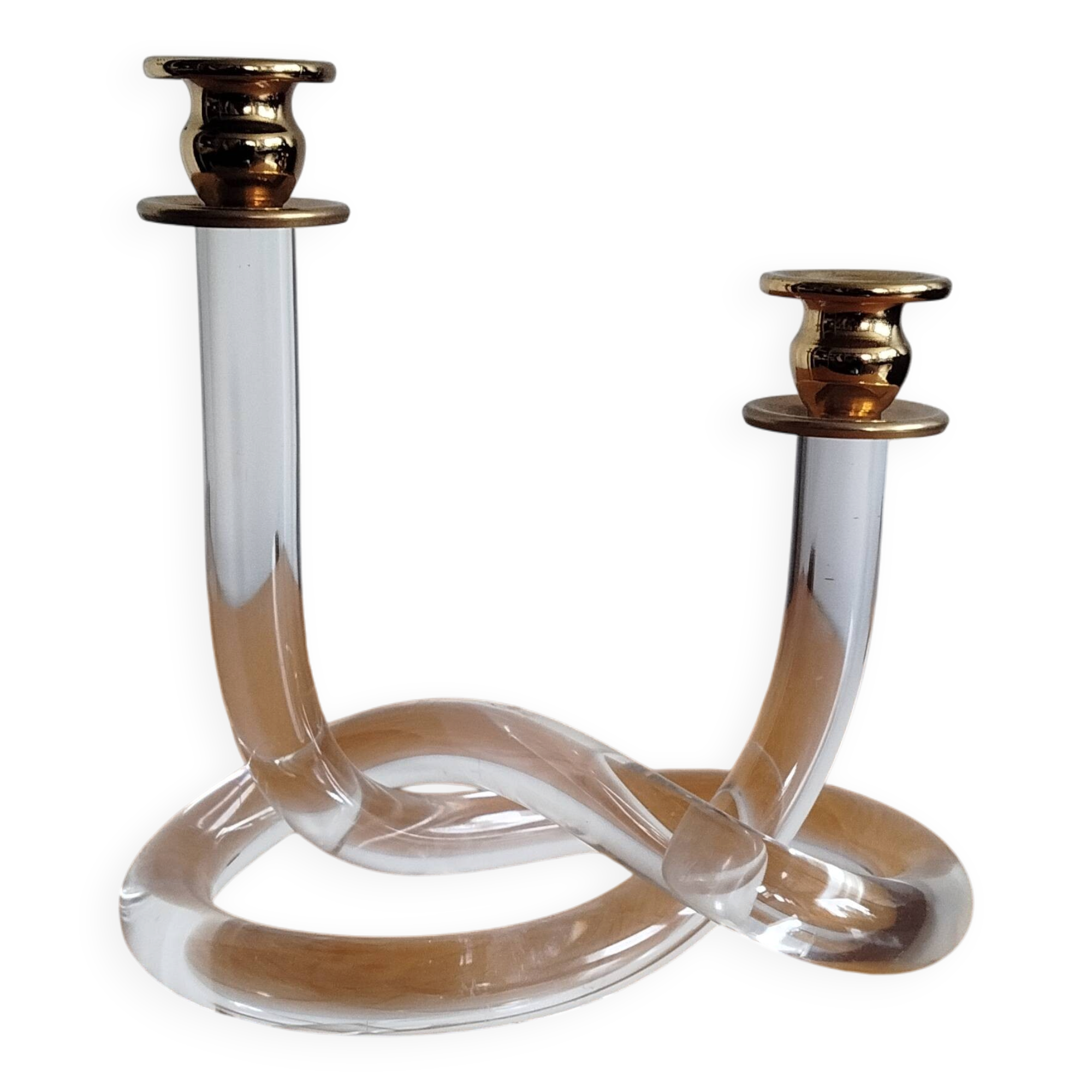 Dorothy Thorpe "Pretzel" candlestick in lucite and gilded brass 70s