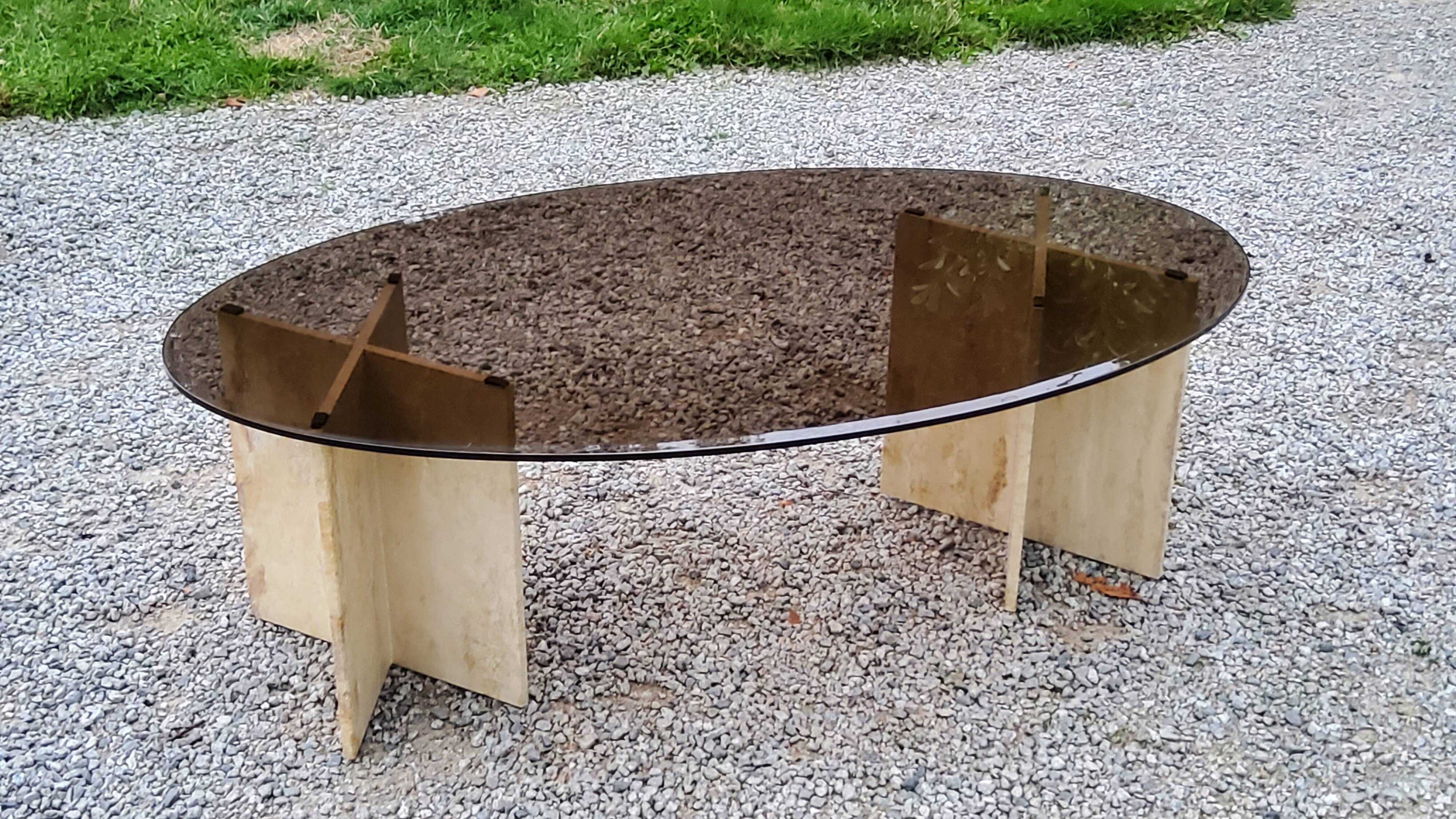 70s travertine and smoked glass designer coffee table