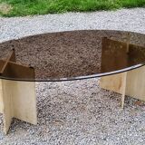 Table basse design en travertin et verre fumé des années 70