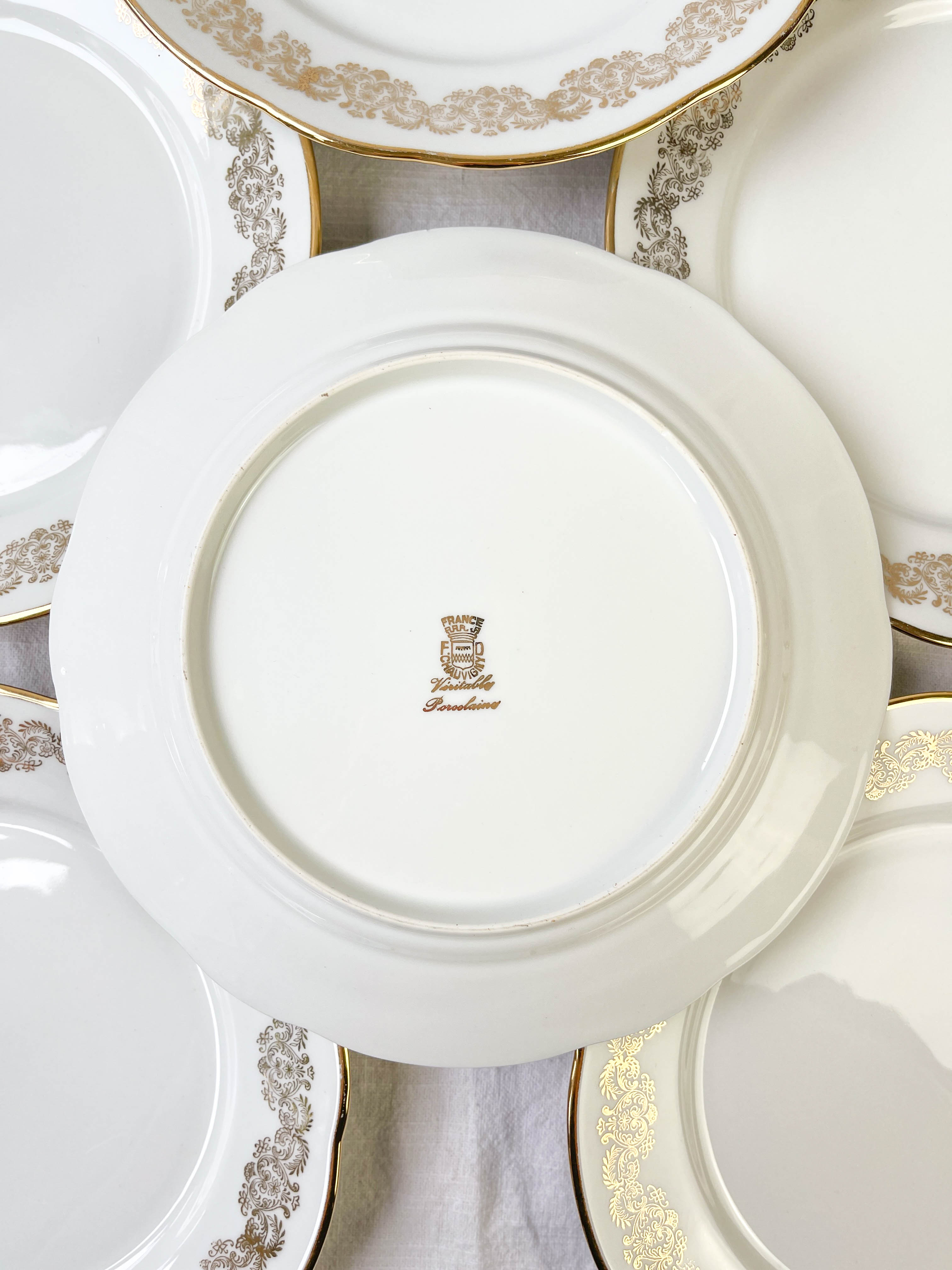 6 assiettes plates porcelaine blanche doré chauvigny limoges