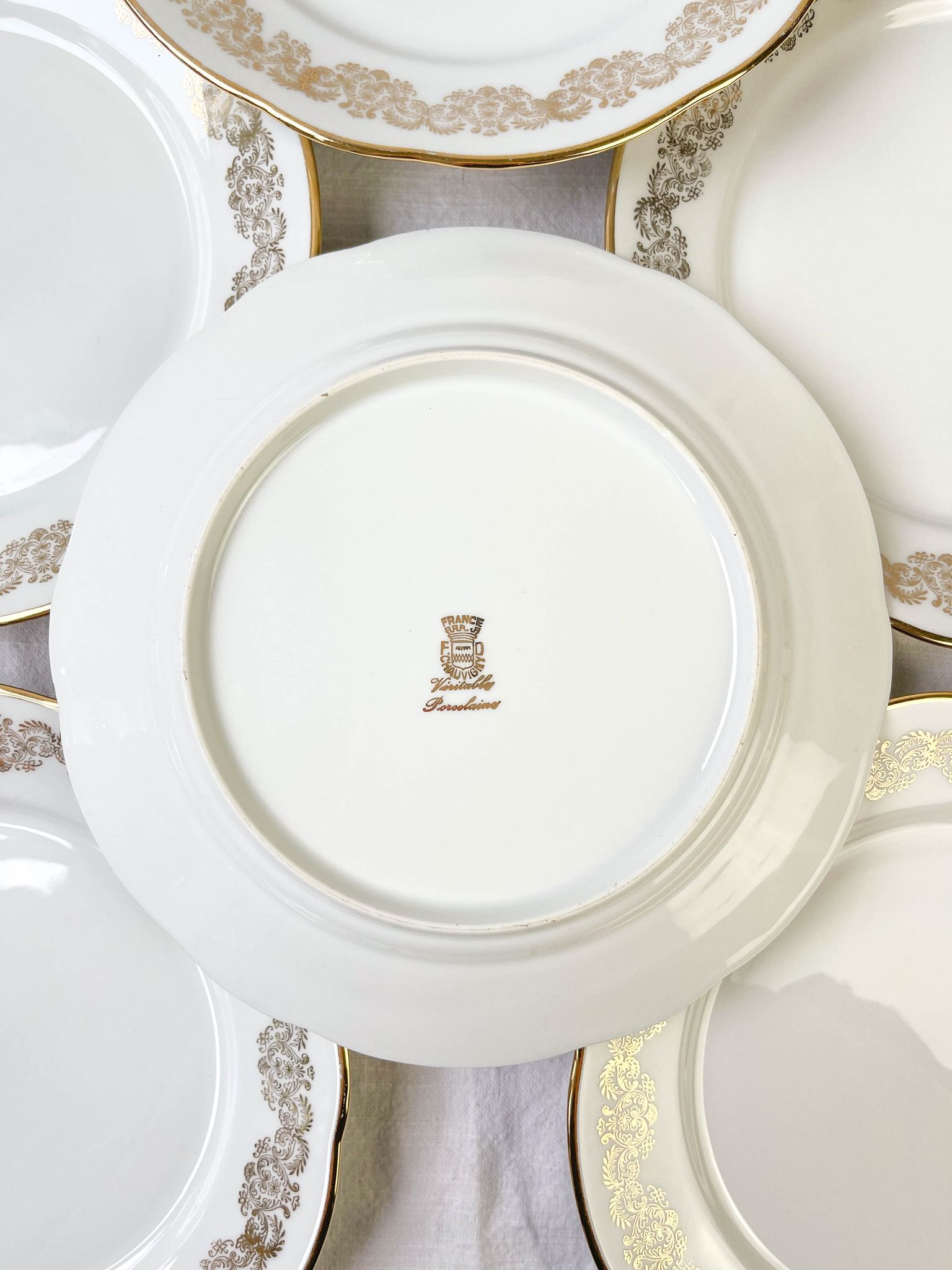 6 flat plates golden white porcelain chauvigny limoges
