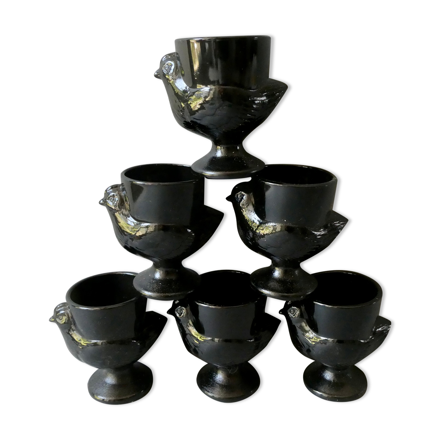 Set of 6 black opaline glass coquetiers, France, 70s
