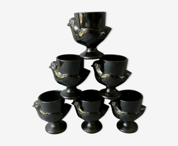 Lot de 6 coquetiers en verre opalin noir, France, années 70