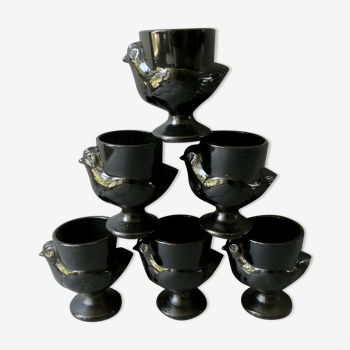 Set of 6 black opaline glass coquetiers, France, 70s
