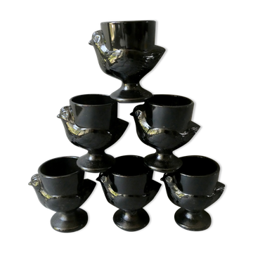 Set of 6 black opaline glass egg cups, France, 1970s