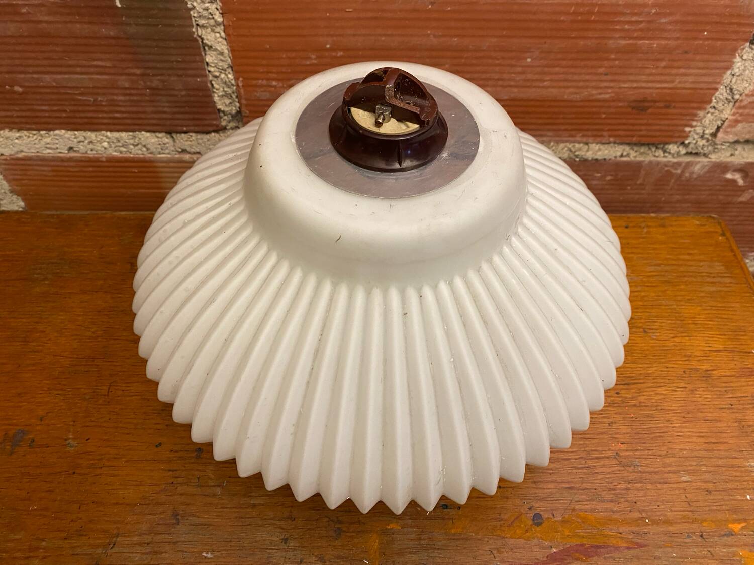 Antique Pendant Lamp Opaline White Saucer Shape Ribbed Vintage