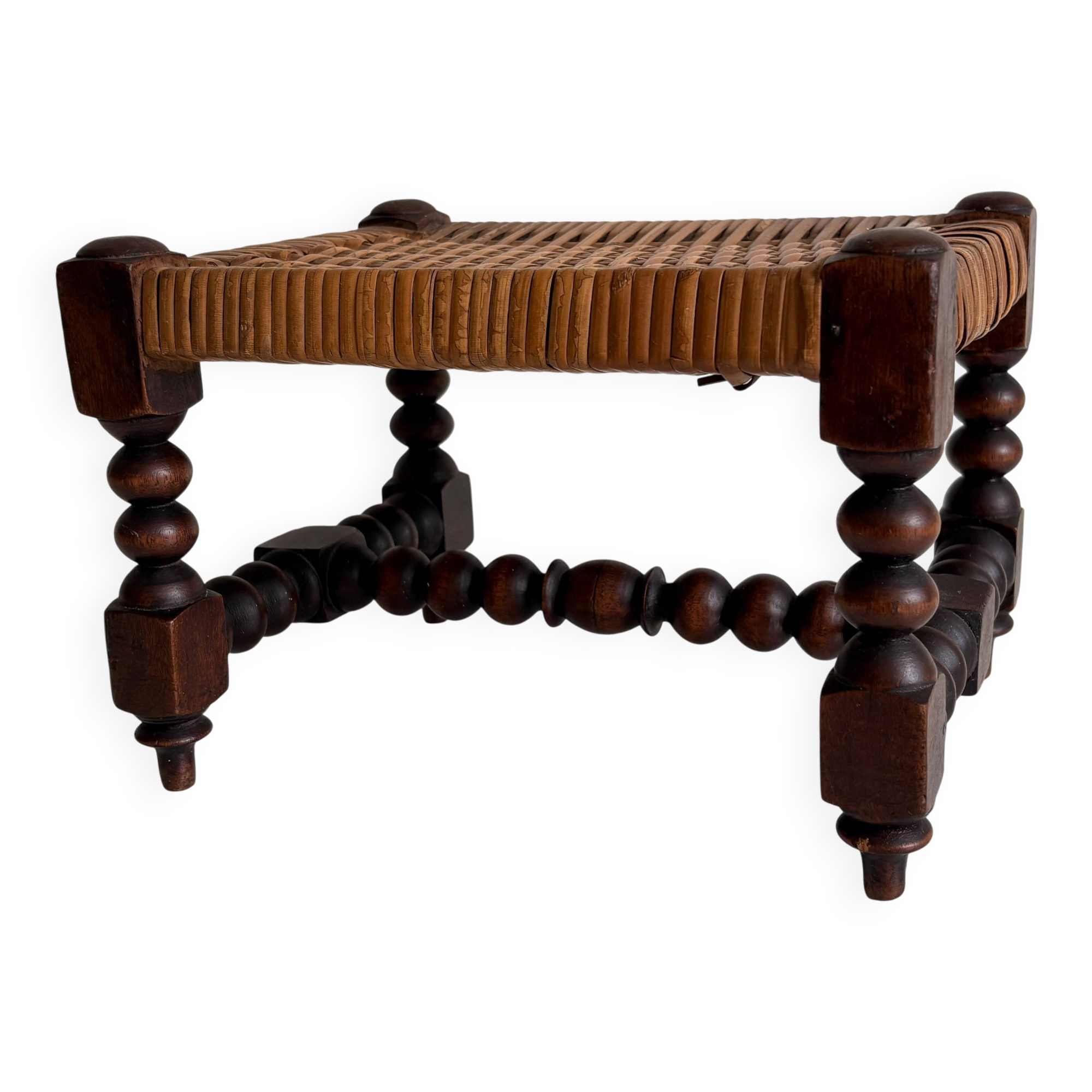 Antique French Turned Wood and Woven Rattan Footstool/ Sidetable
