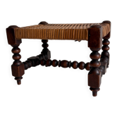 Tabouret/ table d'appoint en bois tourné antique français et en rotin tissé