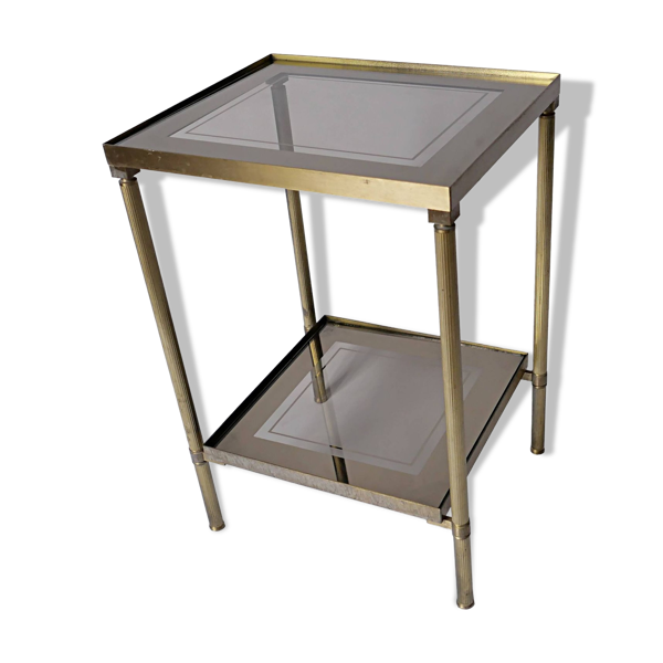 Sellette, table d'appoint en laiton et verre fumé miroir ancienne