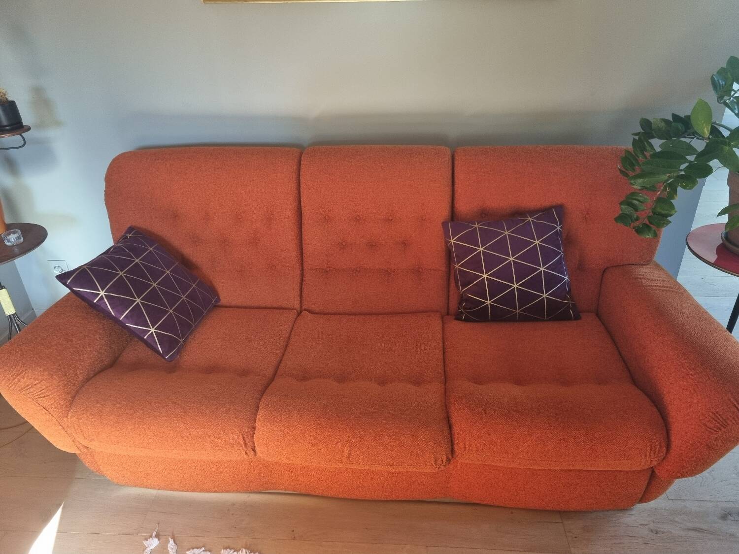 Set of seventies orange sofa and armchairs