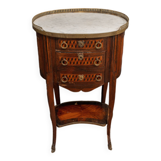 Kidney table in marquetry XIXth style Louis XVI white marble 1 drawer