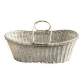 Panier à linge rustique blanc en osier tressé — années 1960, grande forme ovale 77×41×25 cm