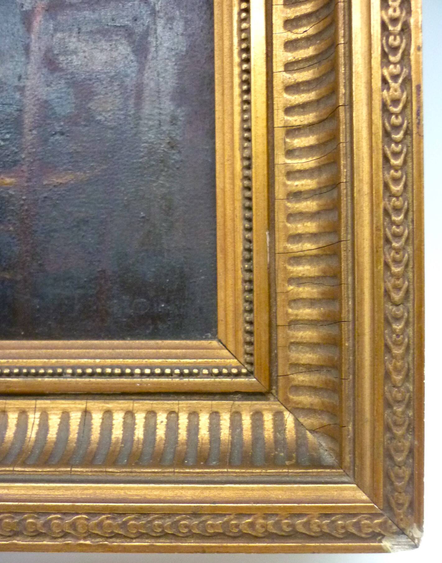 Tableau, huile sur panneau "Bonjour Grand Père", début XXème, cadre doré