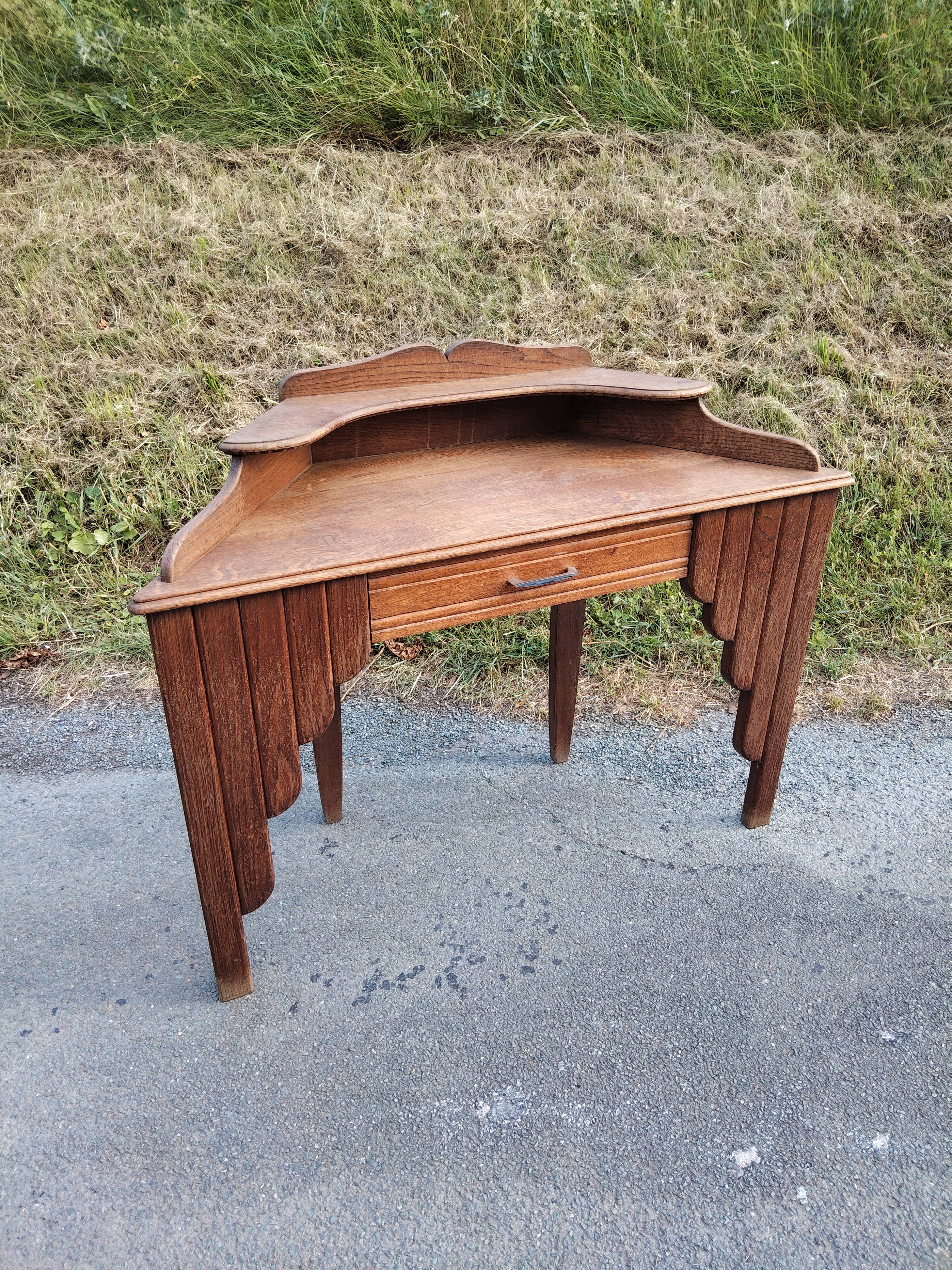 bureau d'angle Art Déco en chêne massif – 120 cm – années 1930