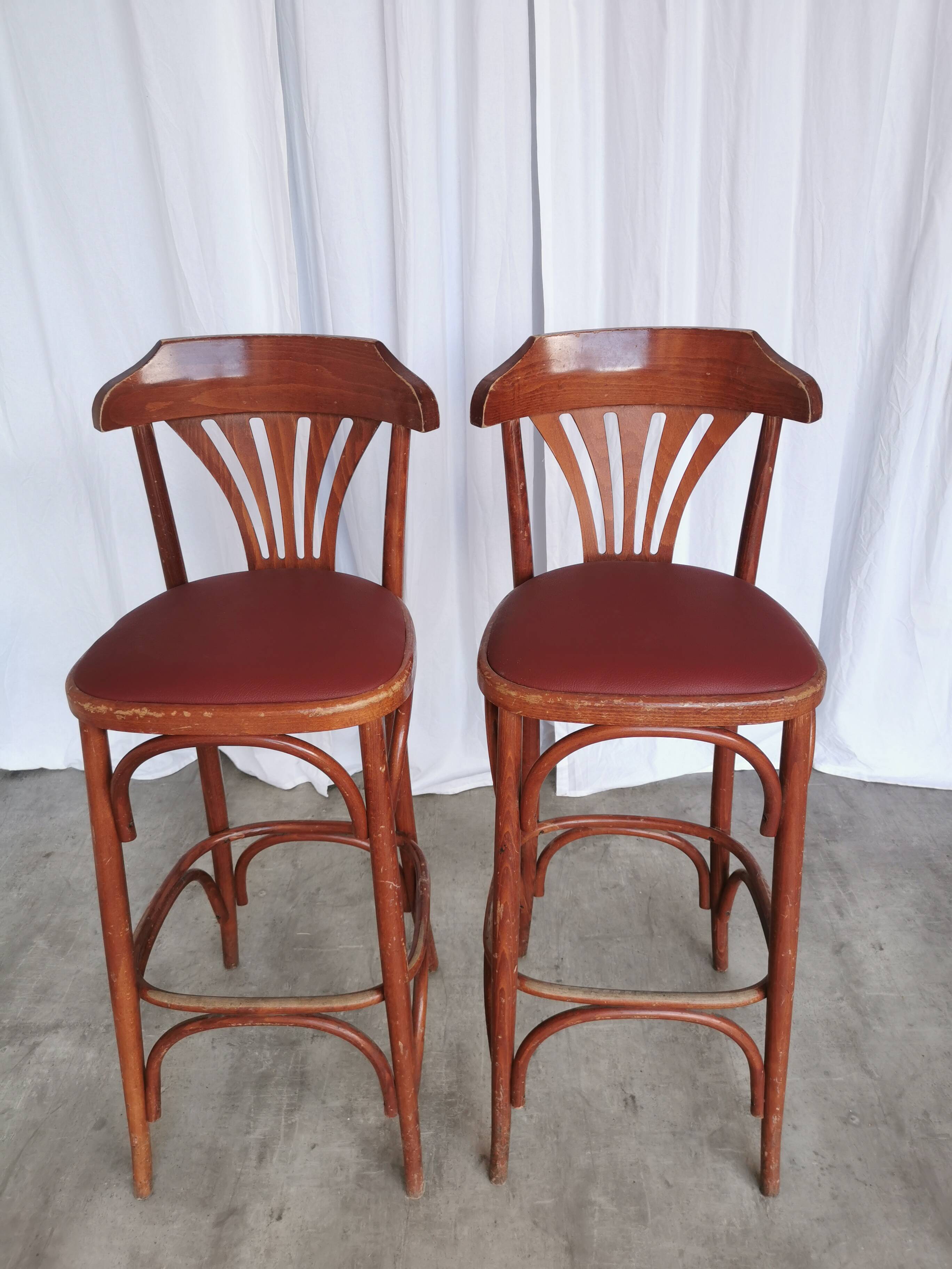 Mid-Century Thonet Style Bar Stools: Red Faux Leather Seat, Set of 2