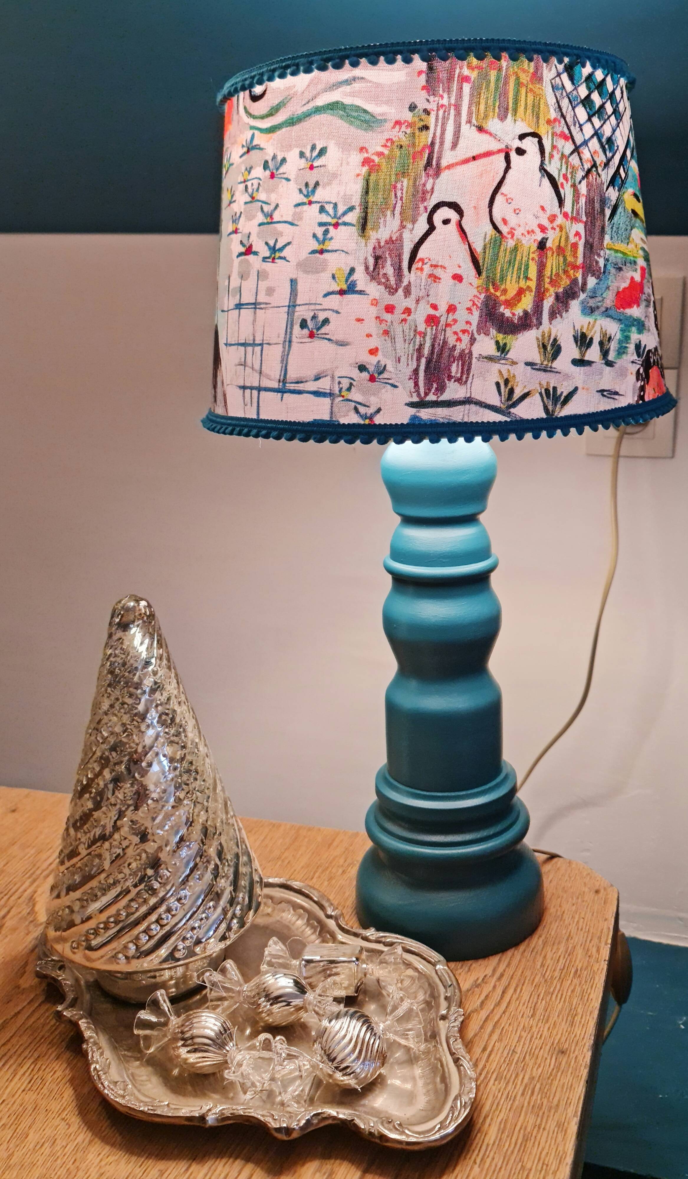 Foot table lamp made by cabinetmaker wood color blue duck abbat day fabrics creator