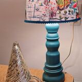 Foot table lamp made by cabinetmaker wood color blue duck abbat day fabrics creator