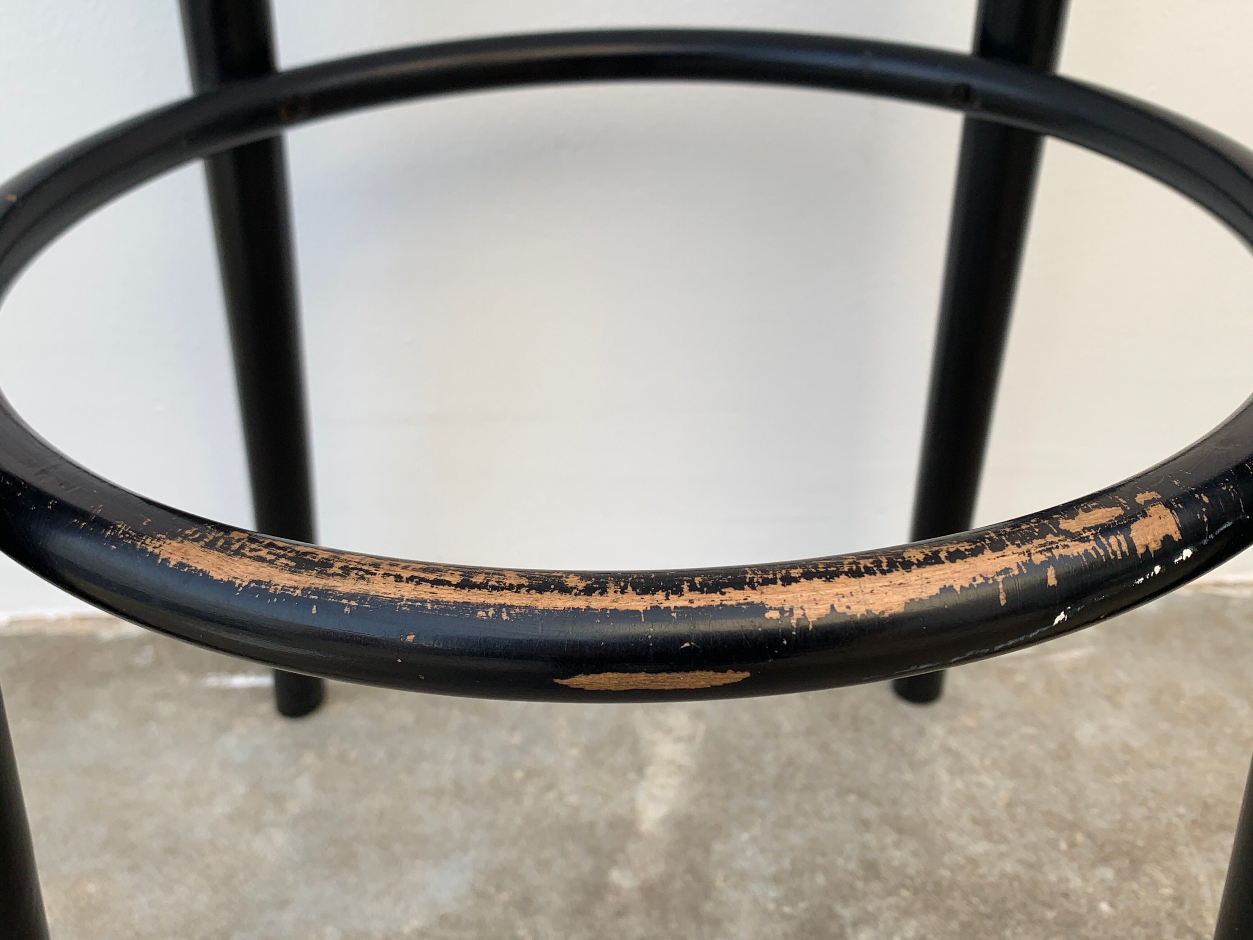 Pair of high canne stools or black curved wooden bar chairs, 1970