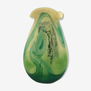 Lagny, France, vase made of Marmorean glass paste, green and yellow, signed - 20th century