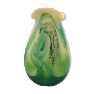Lagny, France, vase made of Marmorean glass paste, green and yellow, signed - 20th century