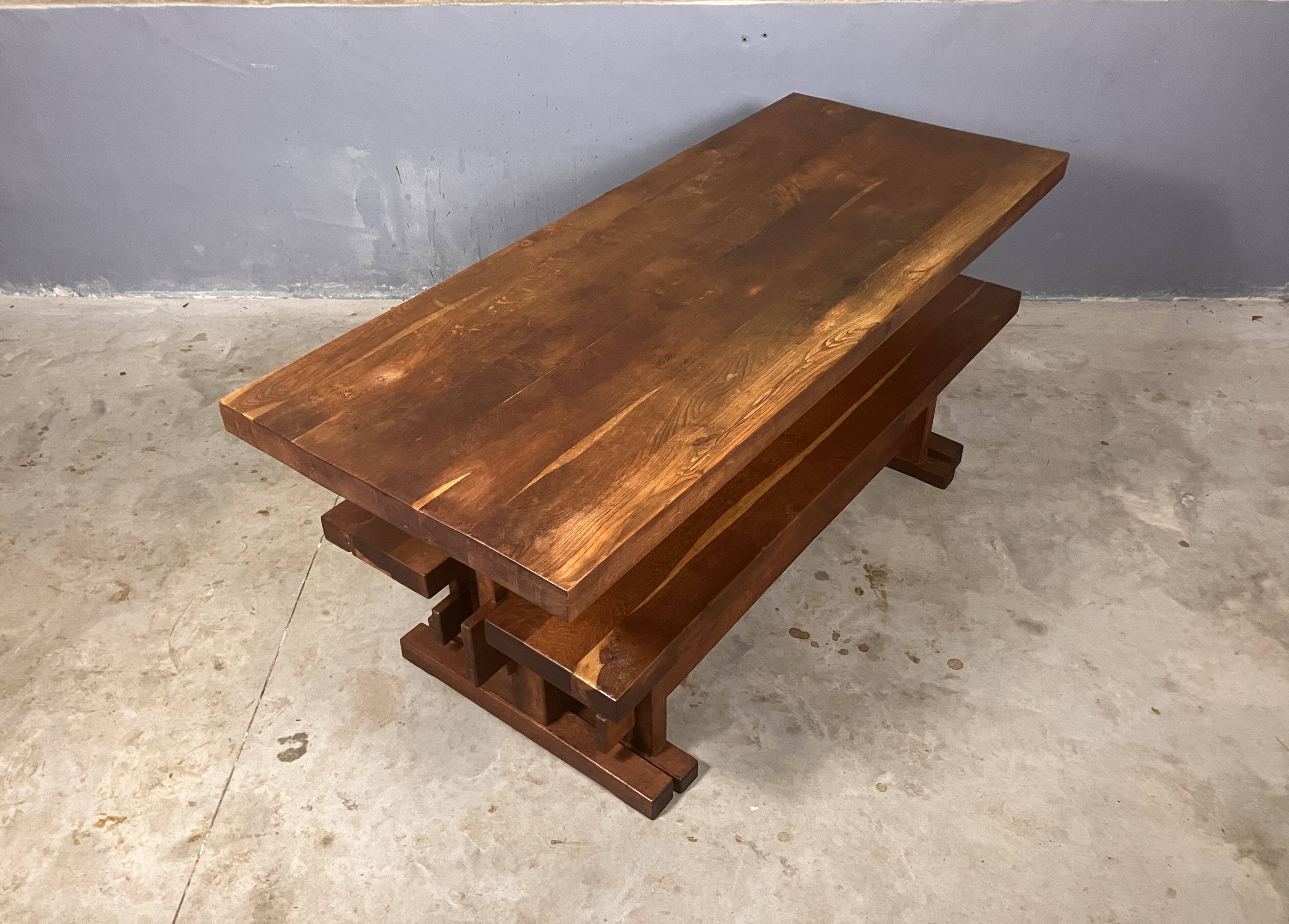 Oak dining table with 2 benches Minimalist Brutalist Wabi Sabi