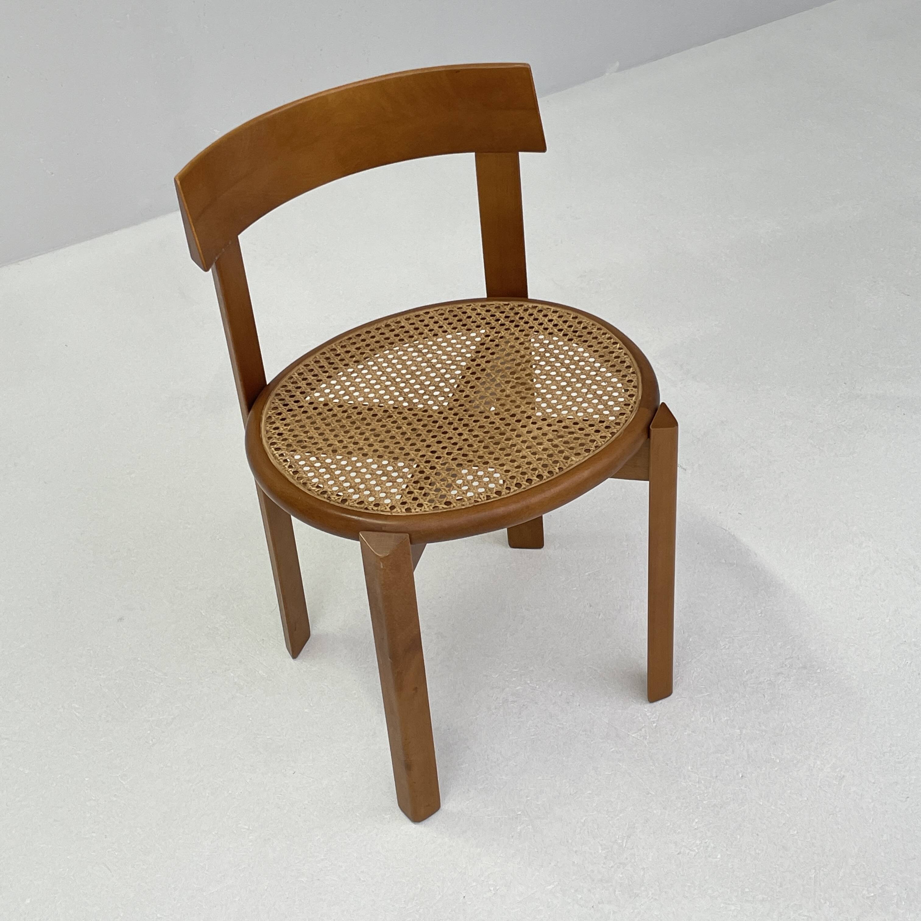 4 Italian wooden dining chairs with rattan seating