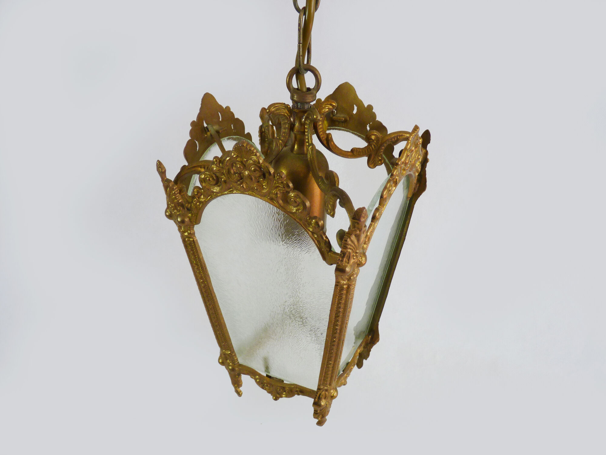 Old lantern with 4 faces in glass, chandelier in gilded bronze and glass, year 60