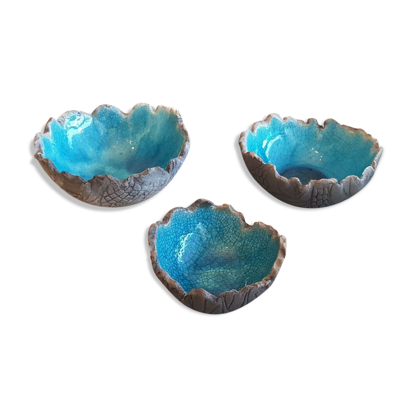 3 empty bowls handmade ceramic pockets signed turquoise color irregular edges