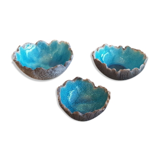 3 bols vide poches céramique fait main signé couleur turquoise bords irréguliers