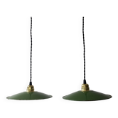 Pair of old green enamel industrial pendants