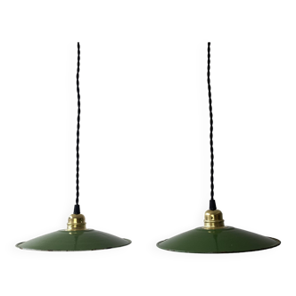Pair of old green enamel industrial pendants
