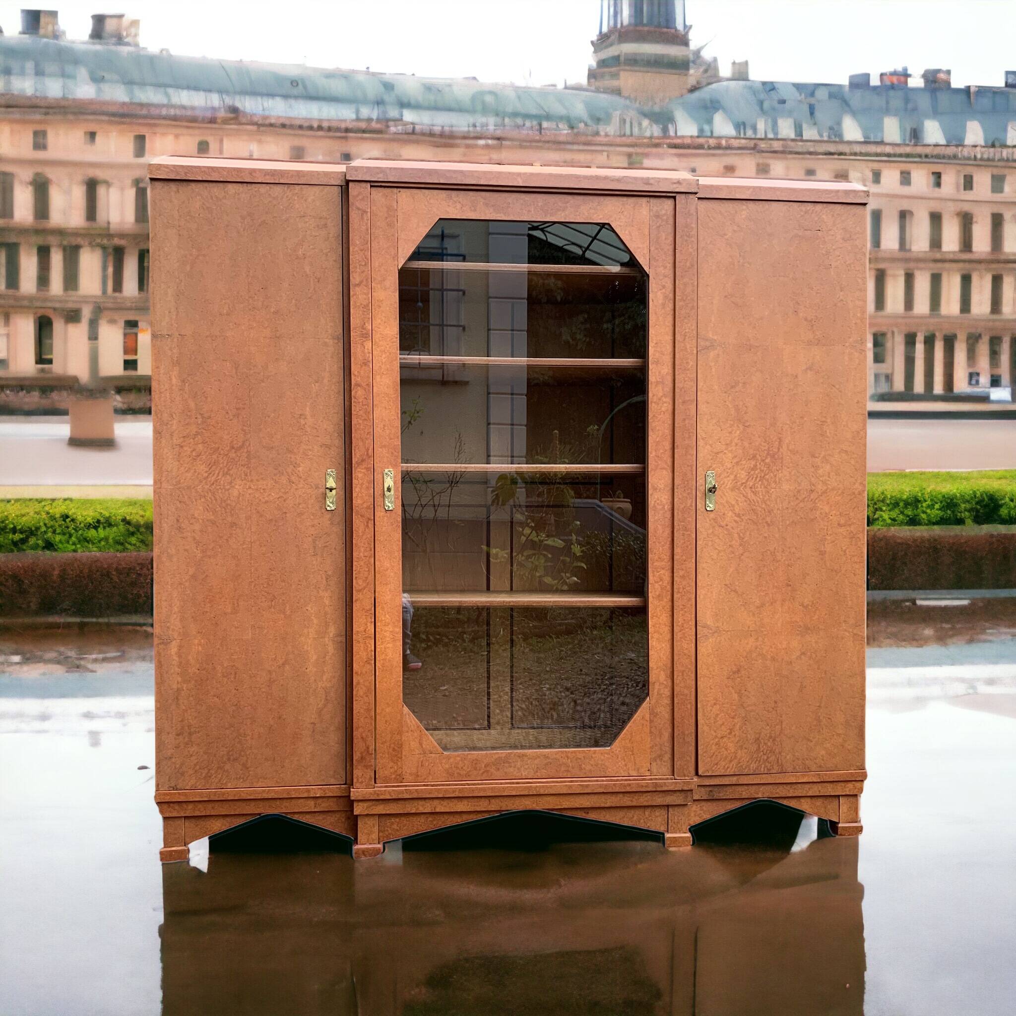 Art deco glass china cabinet in burr walnut 1930