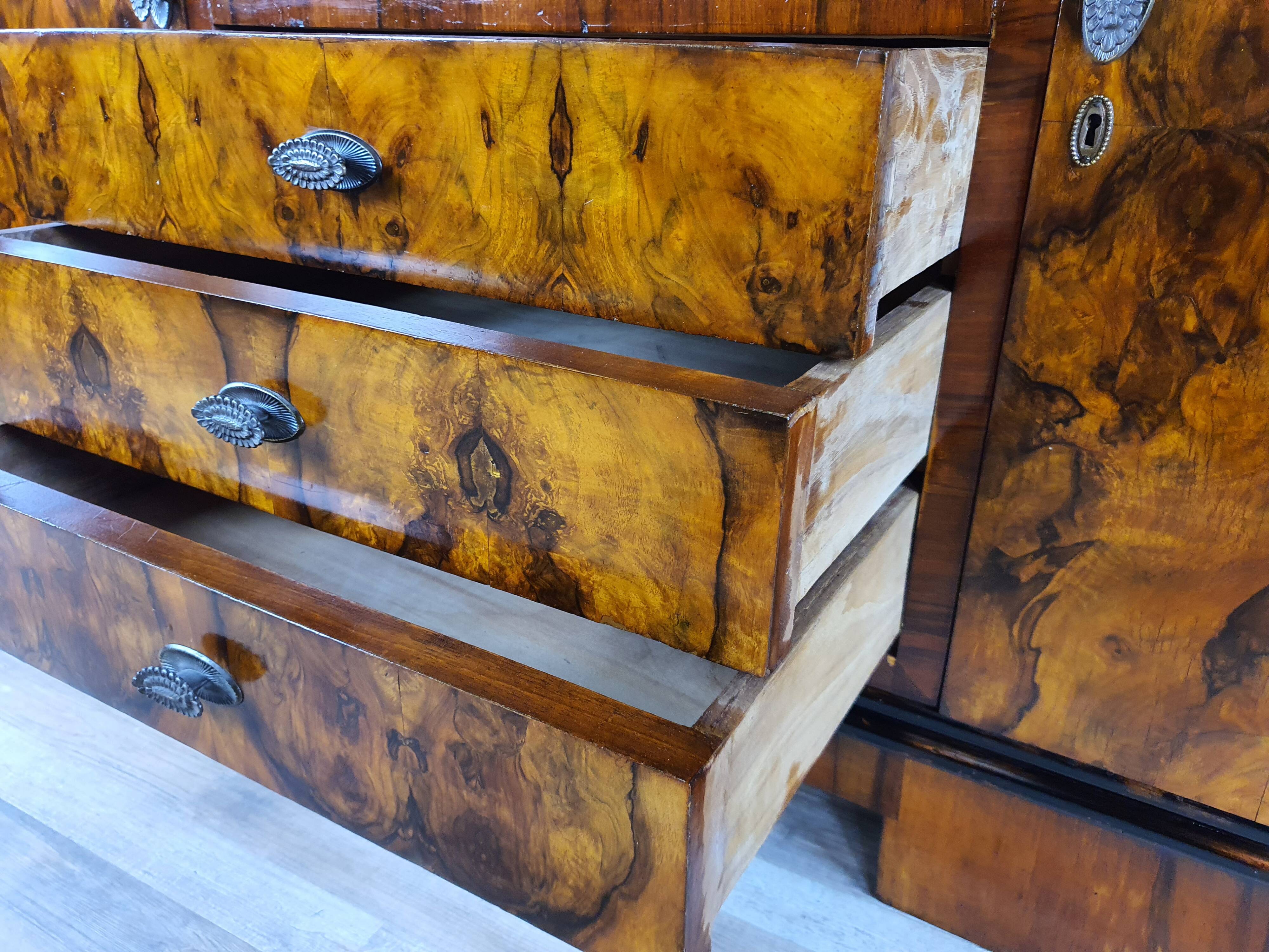 Art deco dining room sideboard in briar with upstand, 1940s