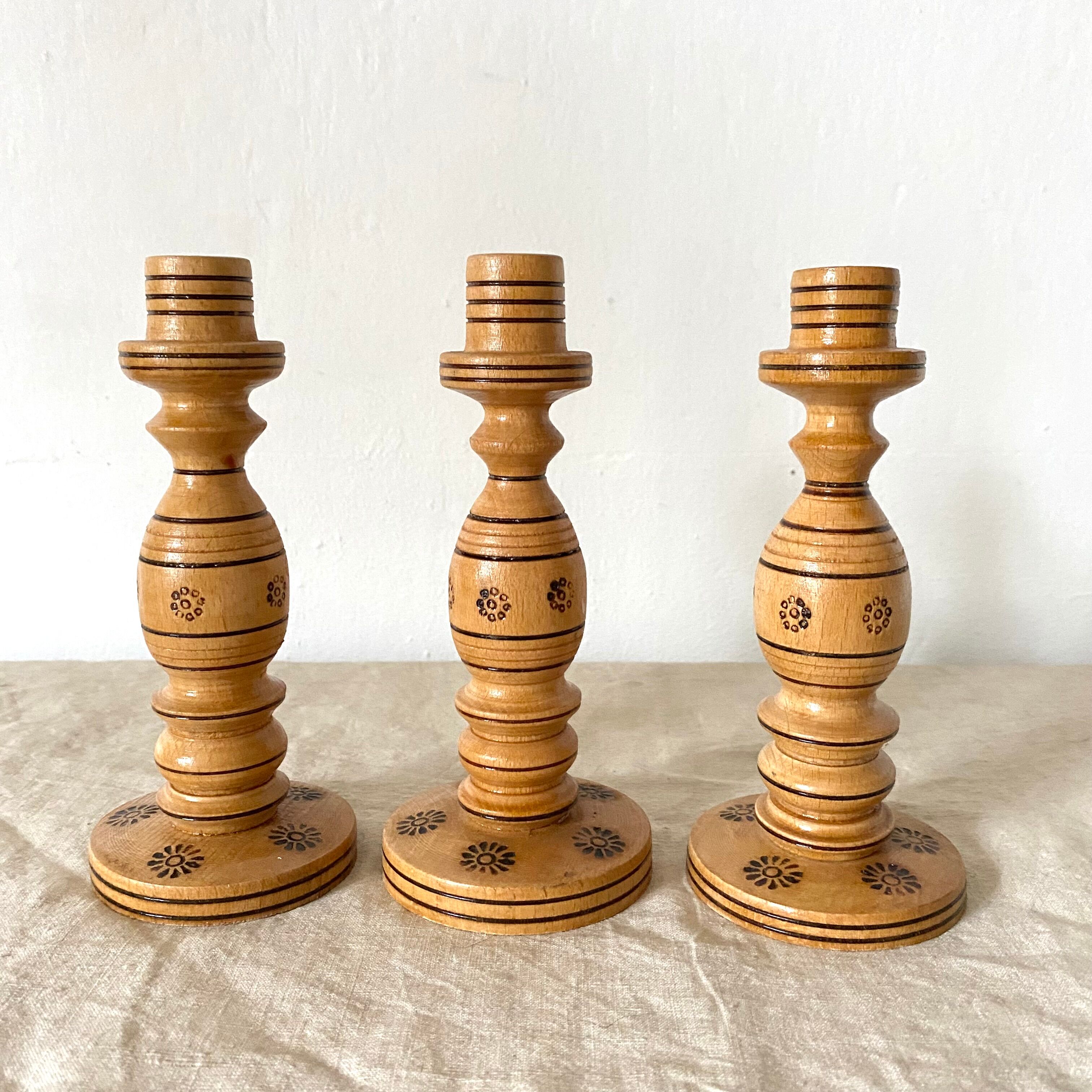 Engraved wooden candle holders