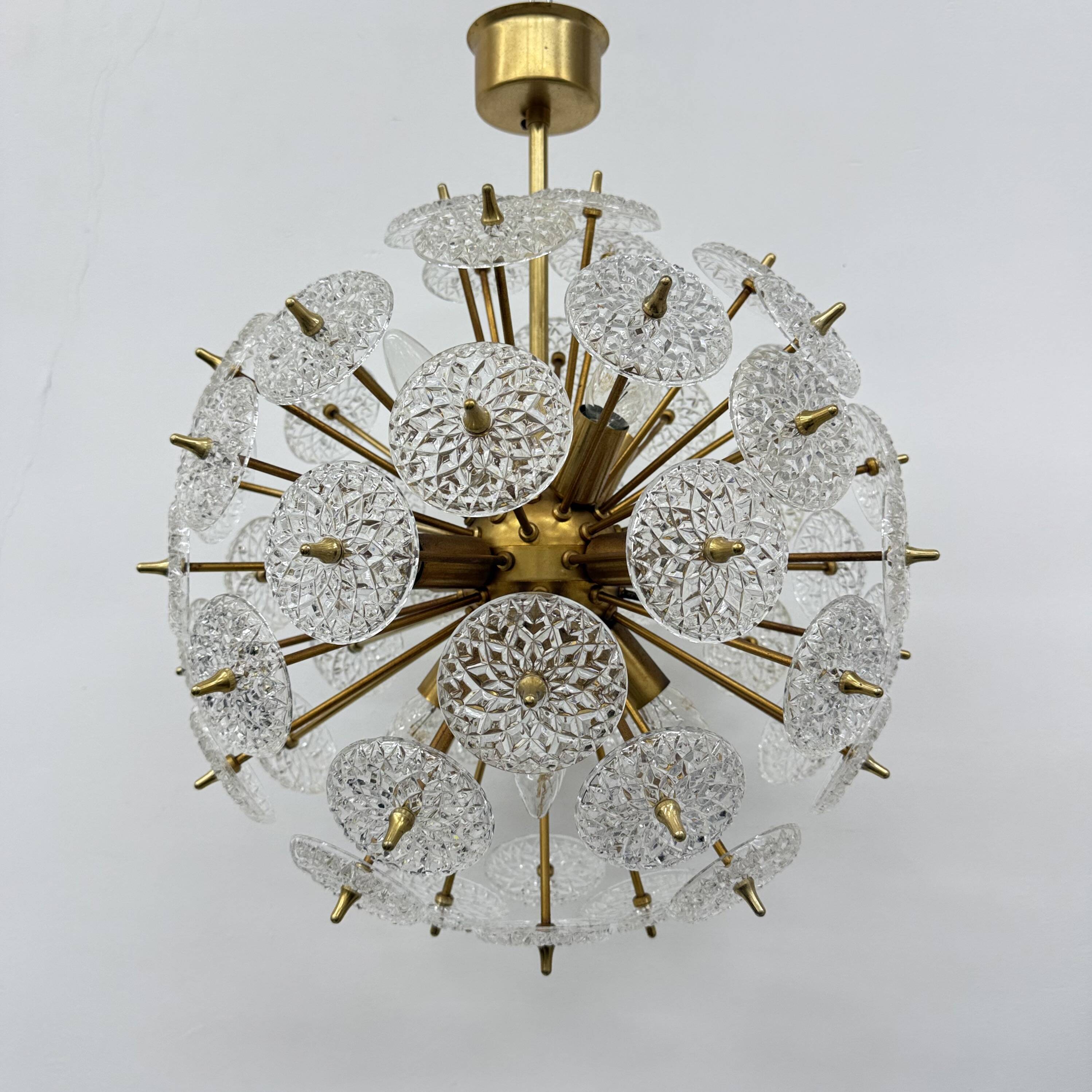 Val Saint Lambert crystal sputnik gold chandelier , 1960’s